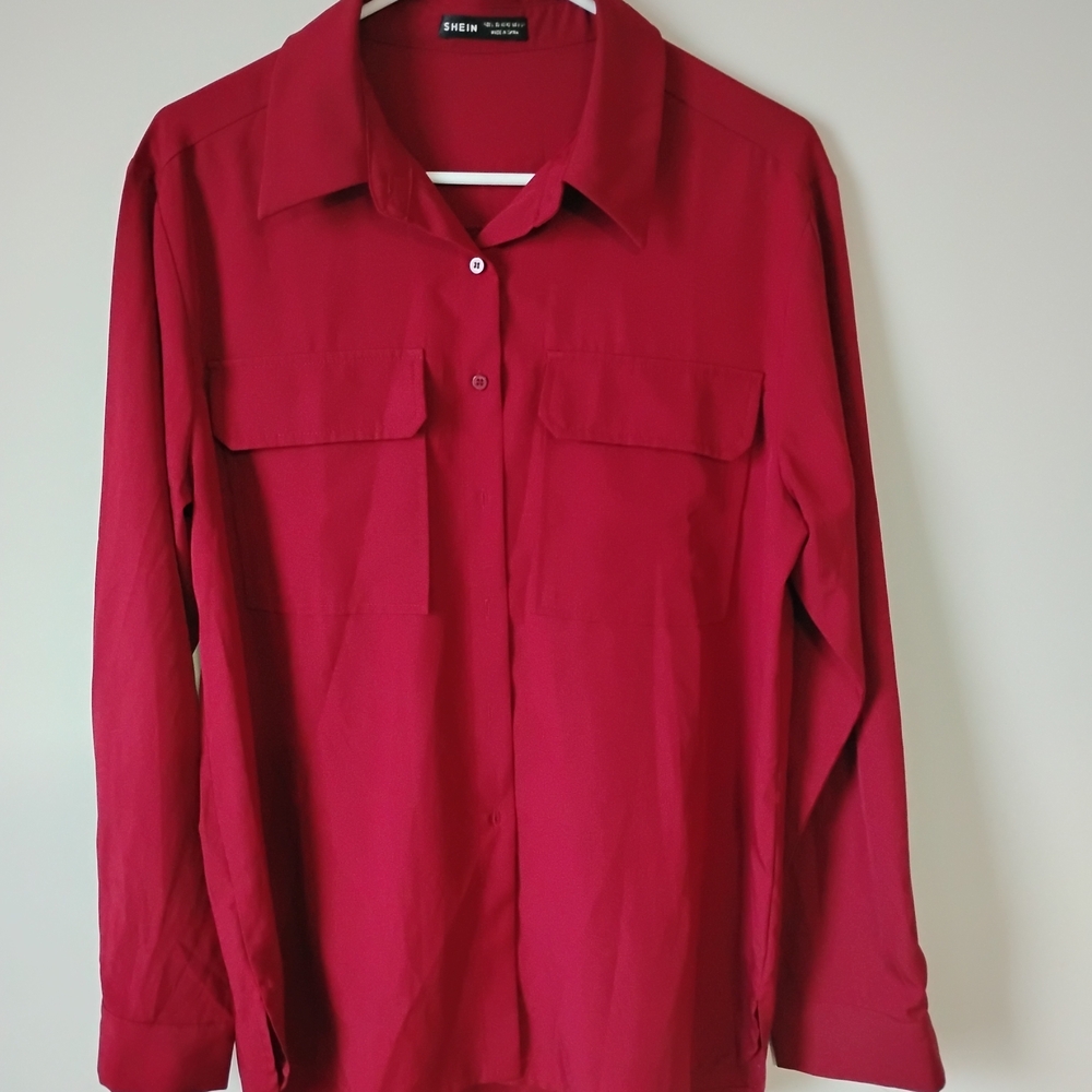 SHEIN Bold Red Casual Button Down Shirt
